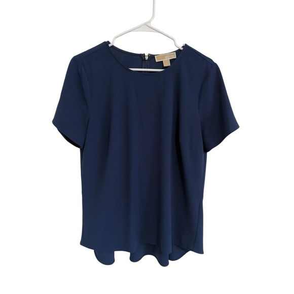 Michael Kors Womens Navy Blue Peplum Back Blouse Short Sleeve Size Large - Picture 1 of 4